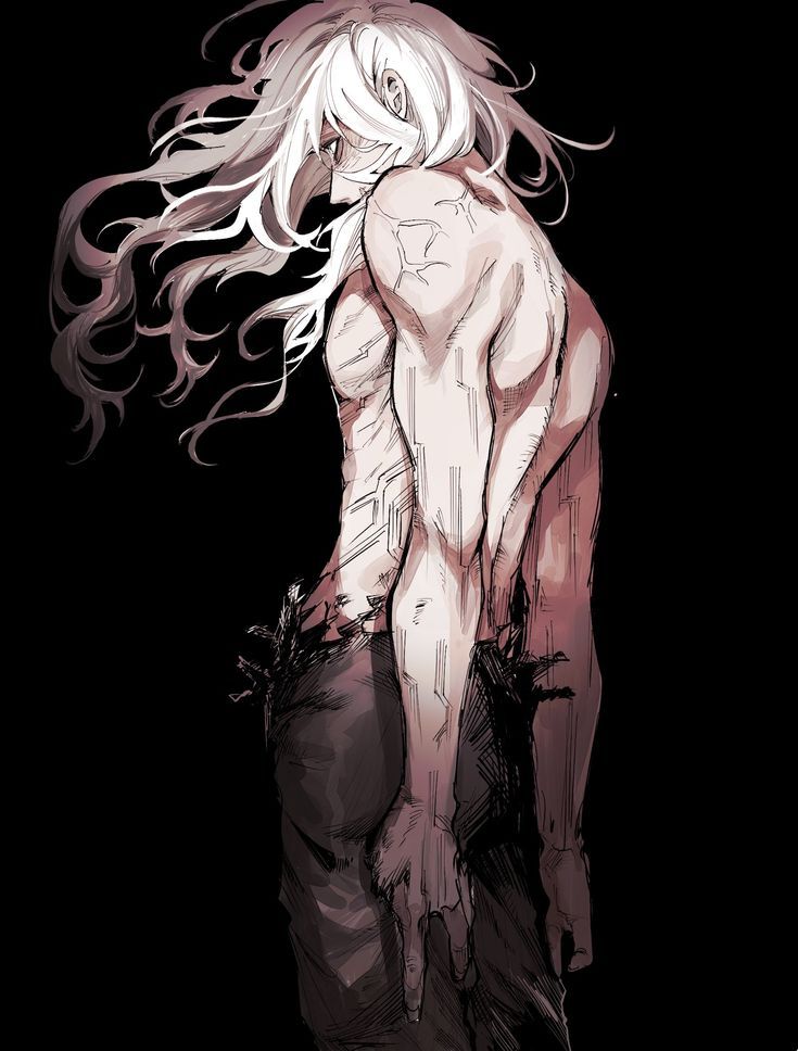 a naked woman with long white hair standing in the dark