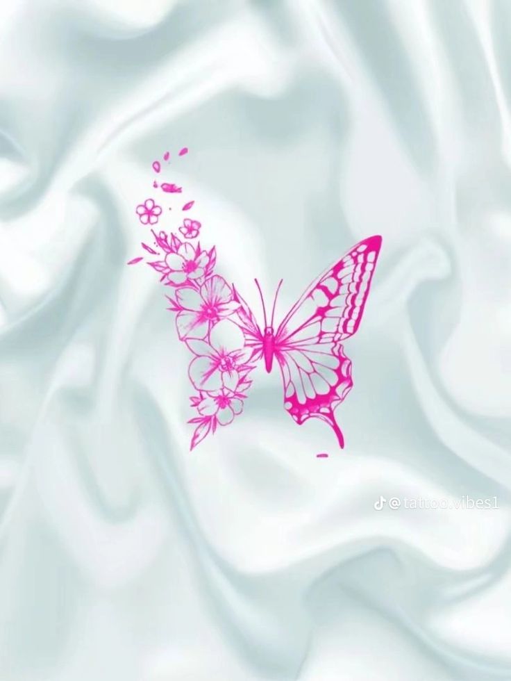 a pink butterfly on white silk with flowers in the foreground and an abstract background