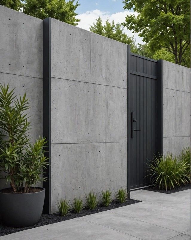 a concrete wall with two doors and some plants