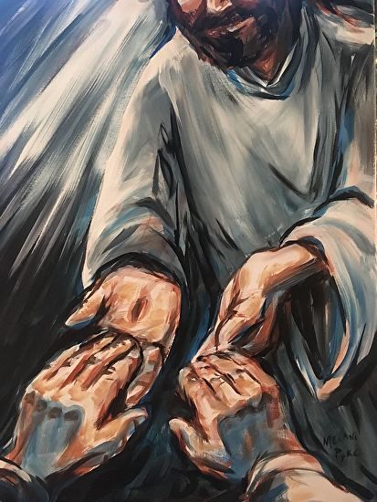 a painting of jesus holding his hands together