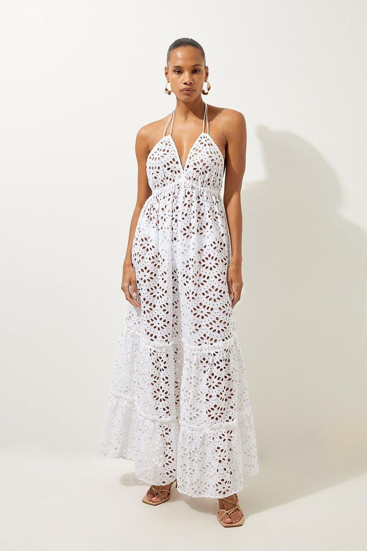 The Ultimate Holiday Staple, This Cotton Broderie Maxi Dress Exudes Understated Elegance. A Ruffle Hemline Adds A Feminine Flourish, While The Lightweight Feel Of This Piece Makes It Easy To Layer Over Swimwear When Heading From Beach To Bar.Cotton Broderieruffle Detailsmaxi Hemlinecrossover Back Design Fitted Broderie Anglaise Maxi Dress For Summer, Spring Vacation Maxi Dress With Broderie Anglaise, Summer Vacation Dress With Broderie Anglaise, Chic Broderie Anglaise Maxi Dress For Vacation, Summer Beach Dress With Cutwork Hem, Summer Daywear Maxi Dress With Broderie Anglaise, Spring Beach Dress With Broderie Anglaise, Summer Maxi Dress With Cutwork Hem, Vacation Midi Dress With Broderie Anglaise