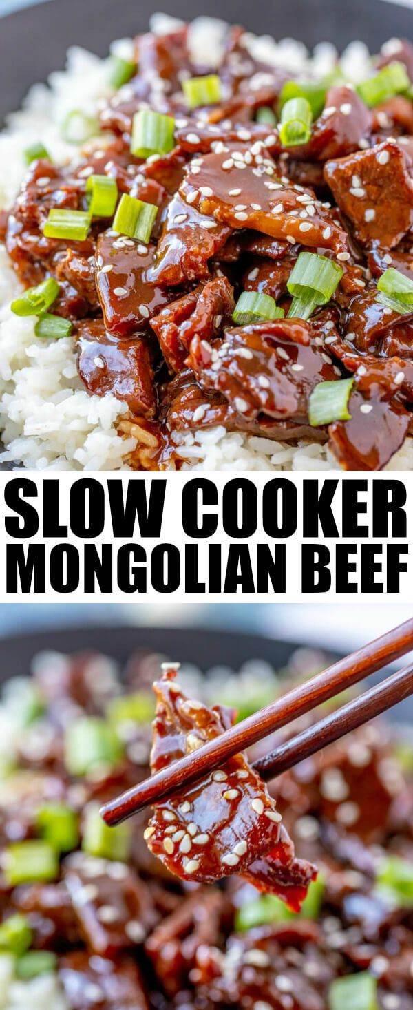 slow cooker beef is served over white rice with chopsticks