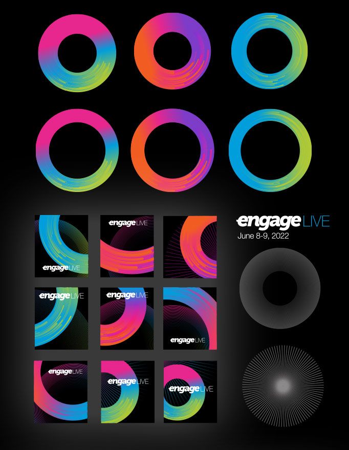 an array of different colored circles on a black background with the words engage live written below them