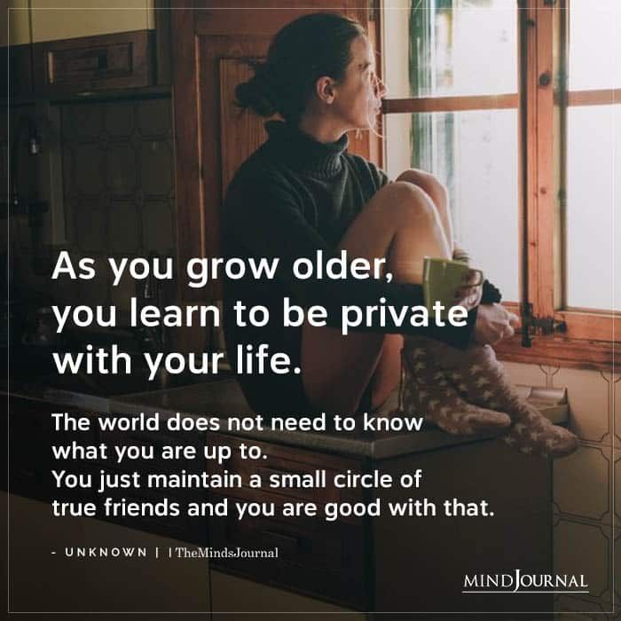 a woman sitting on top of a window sill with her legs crossed and the words as you grow older, you learn to be private with your life