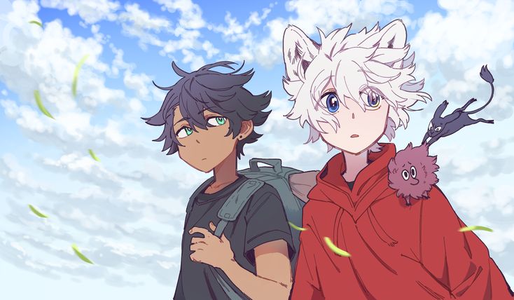 two anime characters standing next to each other in front of the blue sky with clouds