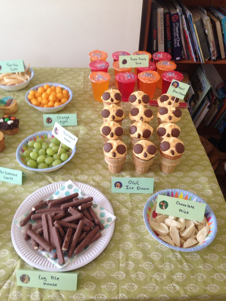 a table topped with plates and cups filled with desserts next to cupcakes