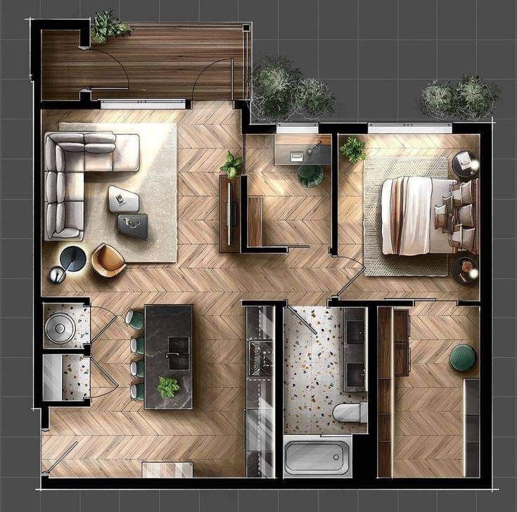 an overhead view of a floor plan for a small apartment with one bedroom and two bathrooms