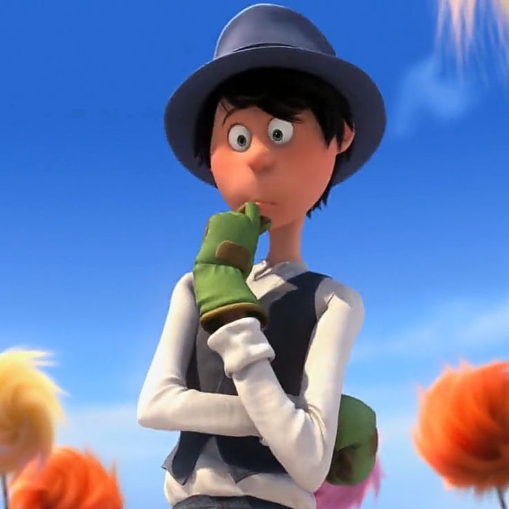 the animated character is wearing a hat and holding a green glove