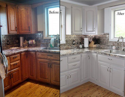 before and after pictures of a kitchen remodel with white cabinets, wood flooring and granite counter tops