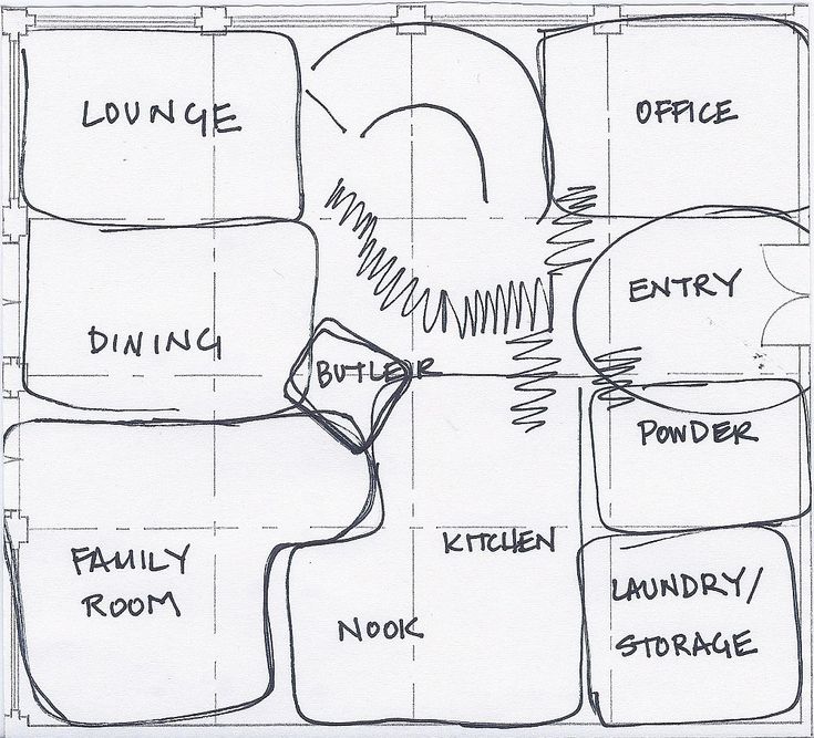 a drawing of the floor plan for a living room and dining area, with various rooms labeled in black ink