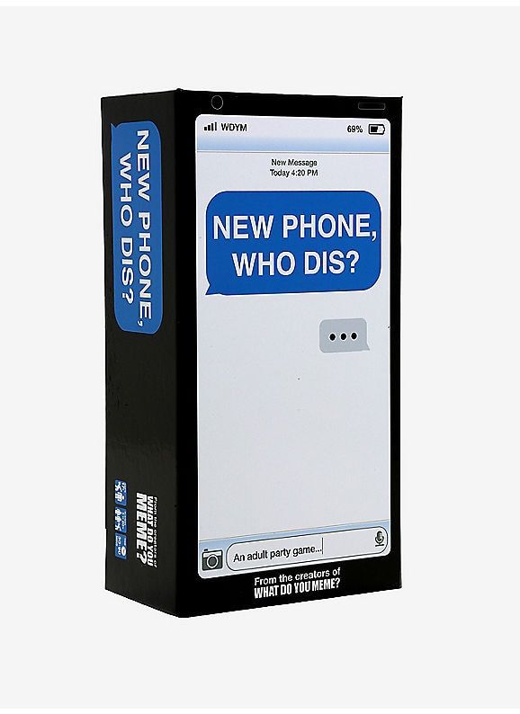 a new phone is in the box with an ad on it's side and there are other stickers