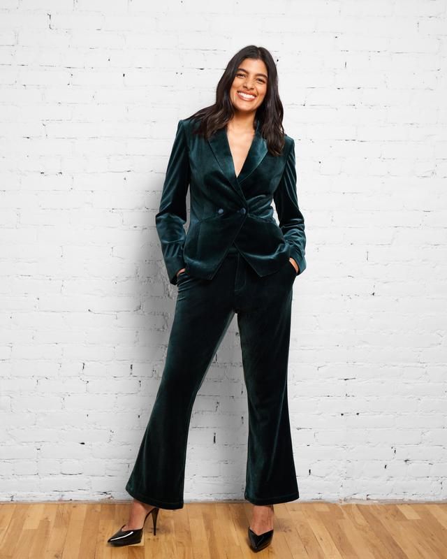 Farrah Velvet Pants - Forest Green | Universal Standard Fall Velvet Workwear Pants, Elegant Velvet Bottoms For Workwear, Velvet Workwear Pants For Fall, Chic Velvet Formal Pants, Chic Velvet Wide Leg Pants For Work, Formal Velvet Bottoms For Fall, Chic Velvet Blazer For Night Out, Fall Velvet Wide Leg Straight Pants, Chic Velvet Wide Leg Pants