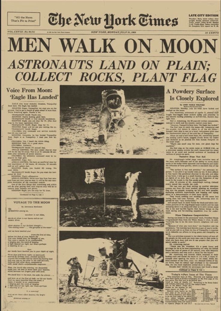 the new york times newspaper article about astronauts landing on moon, and other space related articles