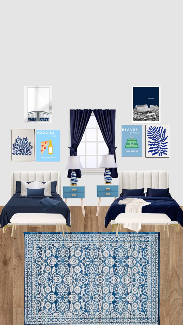 two beds in a room with pictures on the wall above them and a rug below