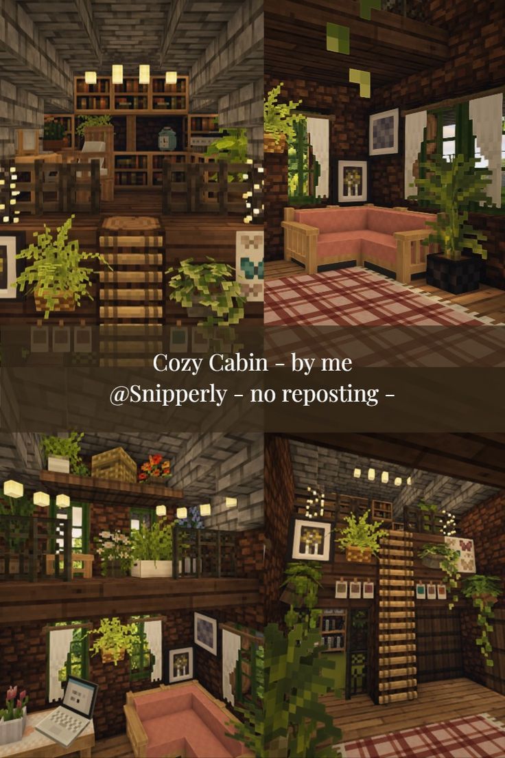 the interior of a cabin is shown in three different views, including one with plants and furniture