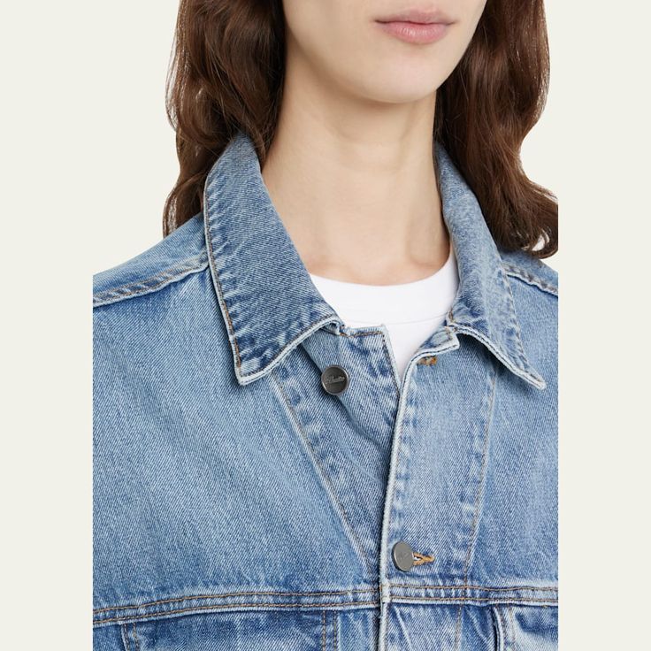 Khaite "Grizzo" denim jacket featuring stone wash detail Point collar; button front Long sleeves; button cuffs Chest button-through flap pockets Straight fit Belt loops hem Cotton Made in USA Cocktail Jacket, Oversized Denim Jacket, Black Denim Jacket, Oversized Jacket, Leather Jacket Black, Lingerie Sleepwear, Outerwear Women, Outerwear Jackets, Blazer Jacket