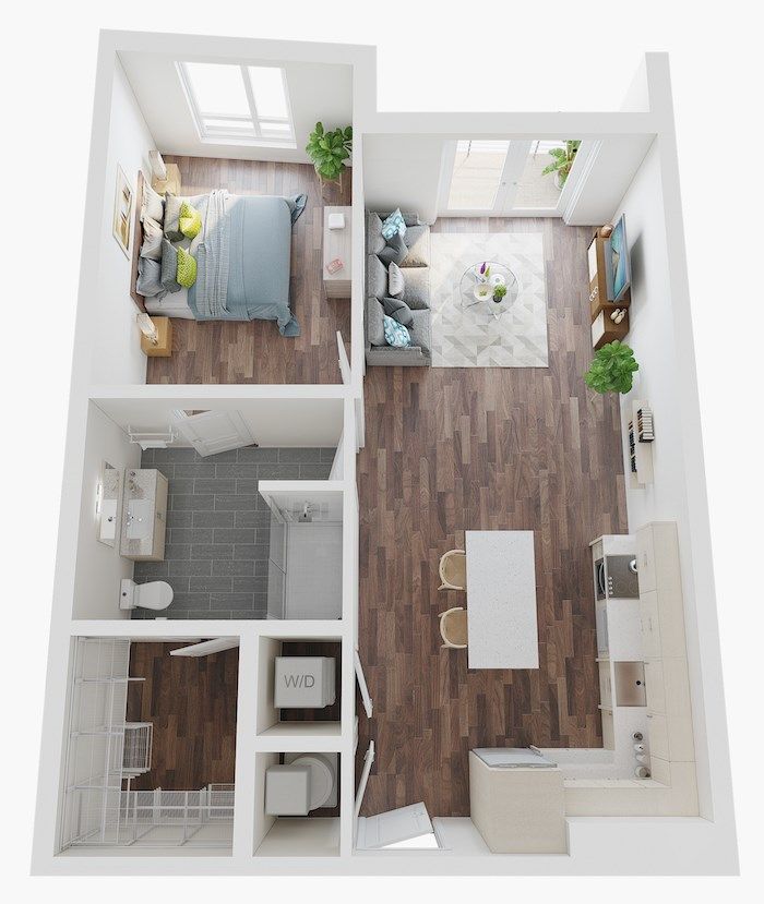 an overhead view of a two bedroom apartment