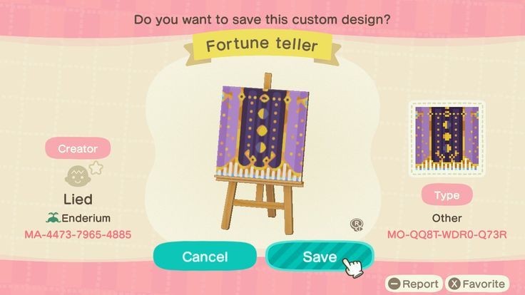 an animal crossing game screen with the caption'do you want to save this custom design? fortune teller '