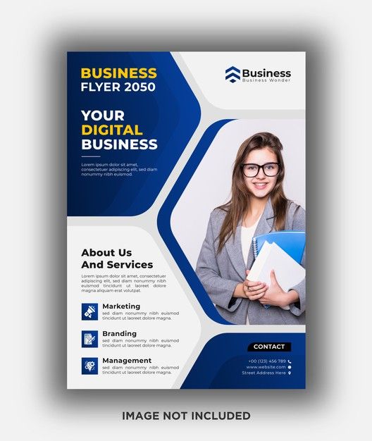 a blue and white business flyer with an image of a woman in glasses holding folders