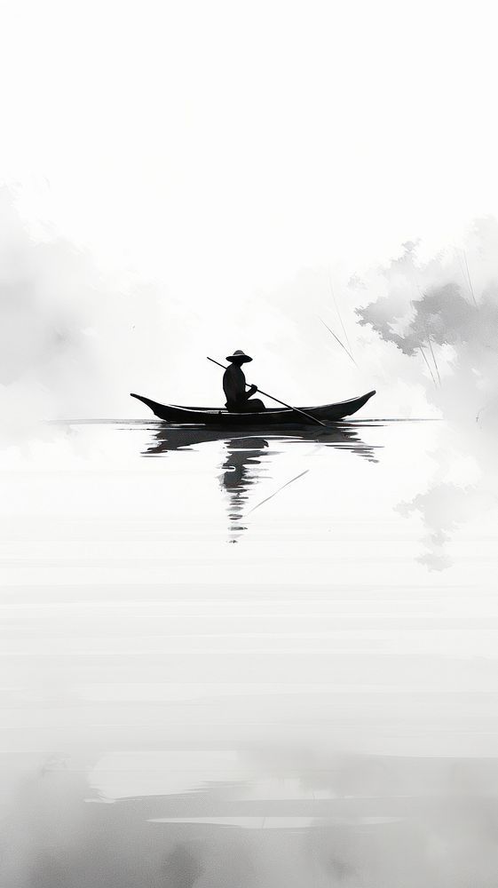 a man in a boat on the water with a hat and long stick, looking out into the distance