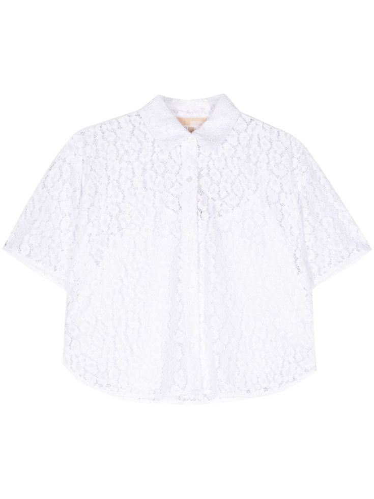 white corded lace leopard pattern semi-sheer construction classic collar short sleeves cropped removable lining curved hem front button fastening White Lace Shirt, Versace Outfit, Corded Lace, Yoko London, Leopard Pattern, Lace Shirt, Lady Dior, Denim Dress, All Fashion