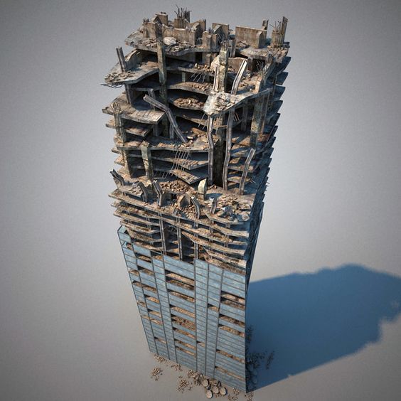 a very tall building with lots of rubble on it's sides and the top part missing