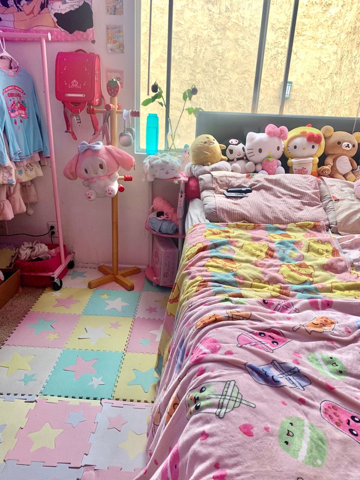 a bed room with a neatly made bed and lots of stuffed animals