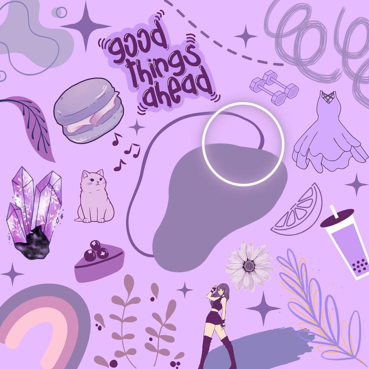 an image of a woman surrounded by things that say good things ahead on purple background