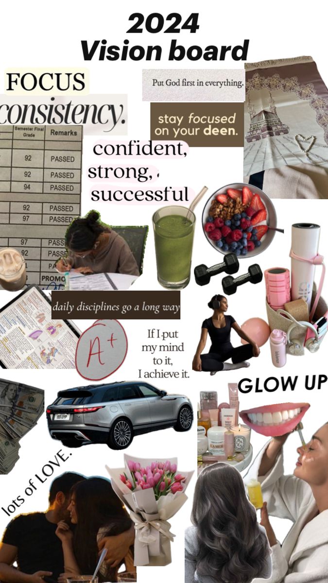 a collage of photos with words and pictures on it, including the text focus vision board