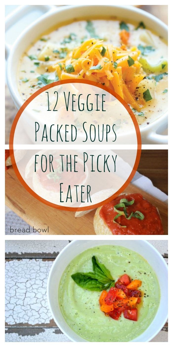 some soups are in bowls with the words 12 veggie packed soups for the picky eater