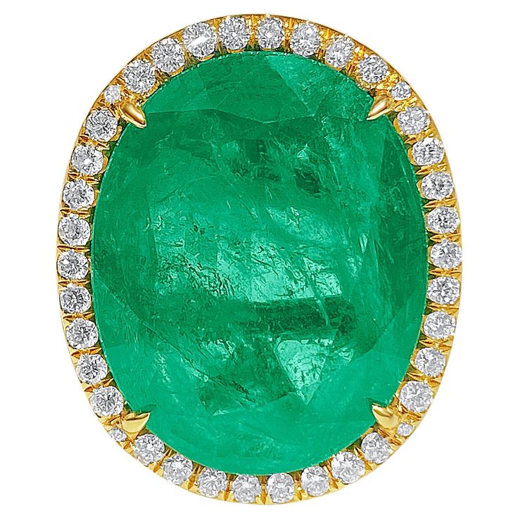 Centering a 10.80 Carat Oval-Cut Emerald, framed by an additional 1.60 carats of Round-Brilliant Cut Diamonds, and set in 18K Yellow Gold, this vintage gem Ring setting is brilliantly handmade with two elevated ball points in the rings interior, made to fit comfortably around ring sizes ranging from 4-6.5 (U.S.) Ring Details: ✔ Stone: Emerald ✔ Center-Stone Weight: ~10.80 Carats ✔ Stone Cut: Oval ✔ Stone Color: Vivid Green ✔ Stone Origin: Colombia ✔ Certificate: GIA (Gemological Institute of Ame S Ring, Emerald Color, Gem Ring, Modern Ring, Ring Setting, Oval Stone, Ring Fit, Yellow Gold Ring, Stone Cuts