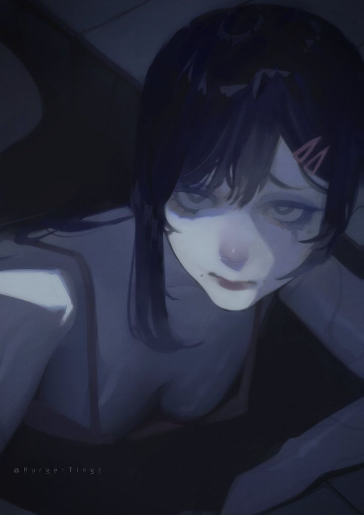 an animated image of a woman with dark hair and blue eyes laying on the floor