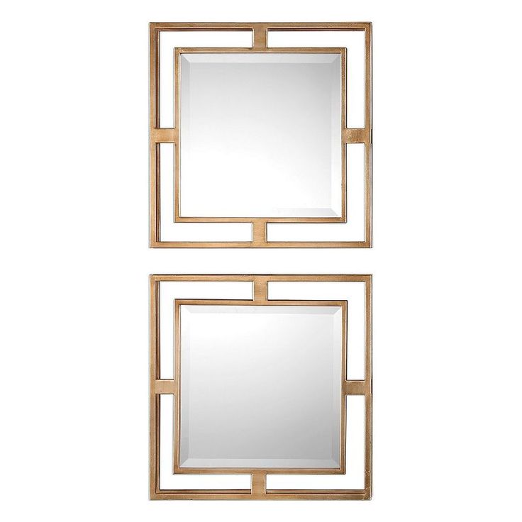 two square mirrors with wooden frames on each side, one is gold and the other is white