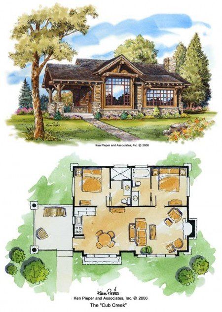 the floor plan for this log cabin is shown in two different views, and shows the living