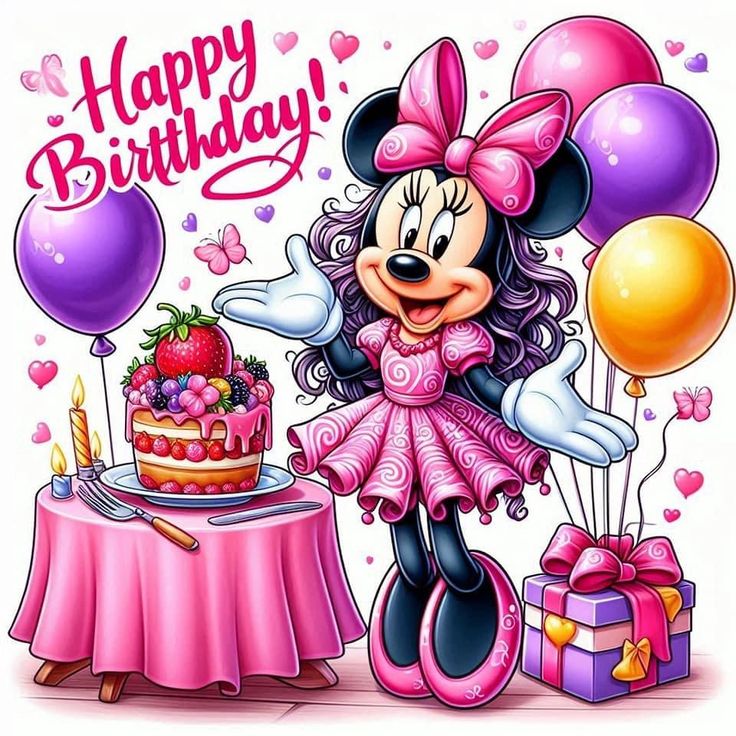 a minnie mouse birthday card with balloons and cake