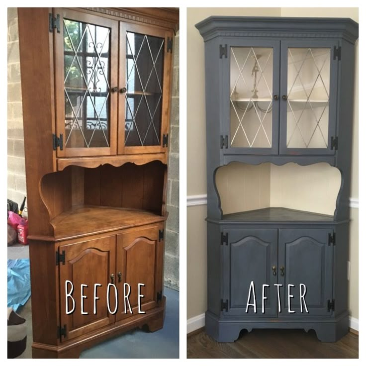 the before and after of an old china cabinet