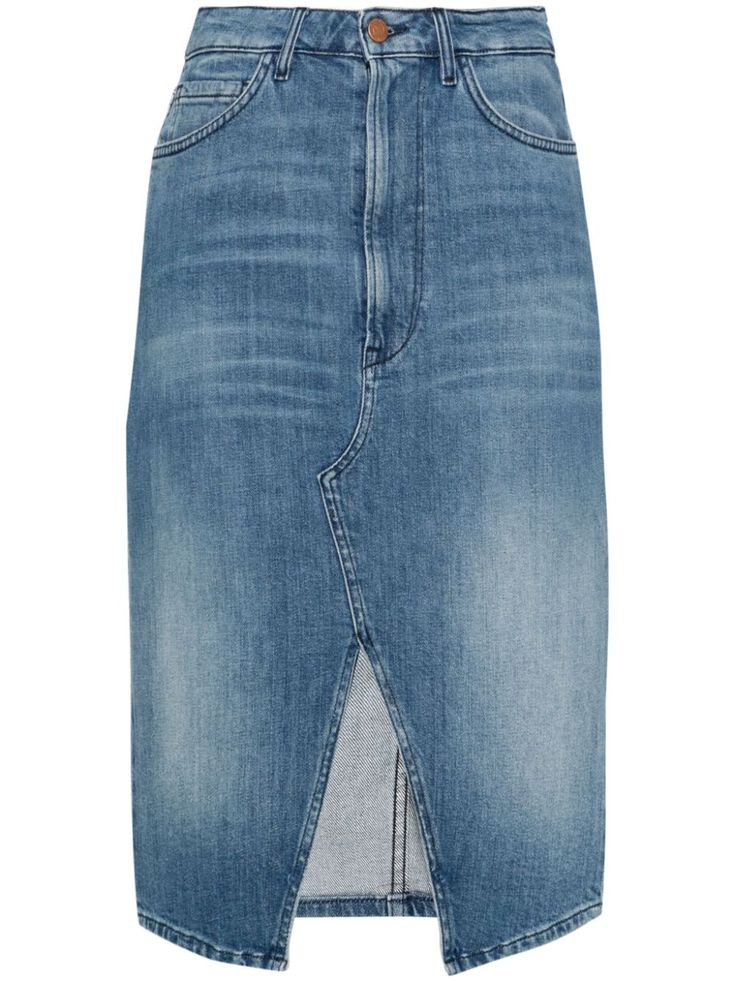 blue cotton blend denim mid-wash belt loops classic five pockets front slit mid-length curved hem front button and zip fastening Midi Skirt Blue, Denim Midi Skirt, Straight Skirt, Mid Length, Womens Bottoms, Midi Skirt, Cotton Blend, Skirt, Blue