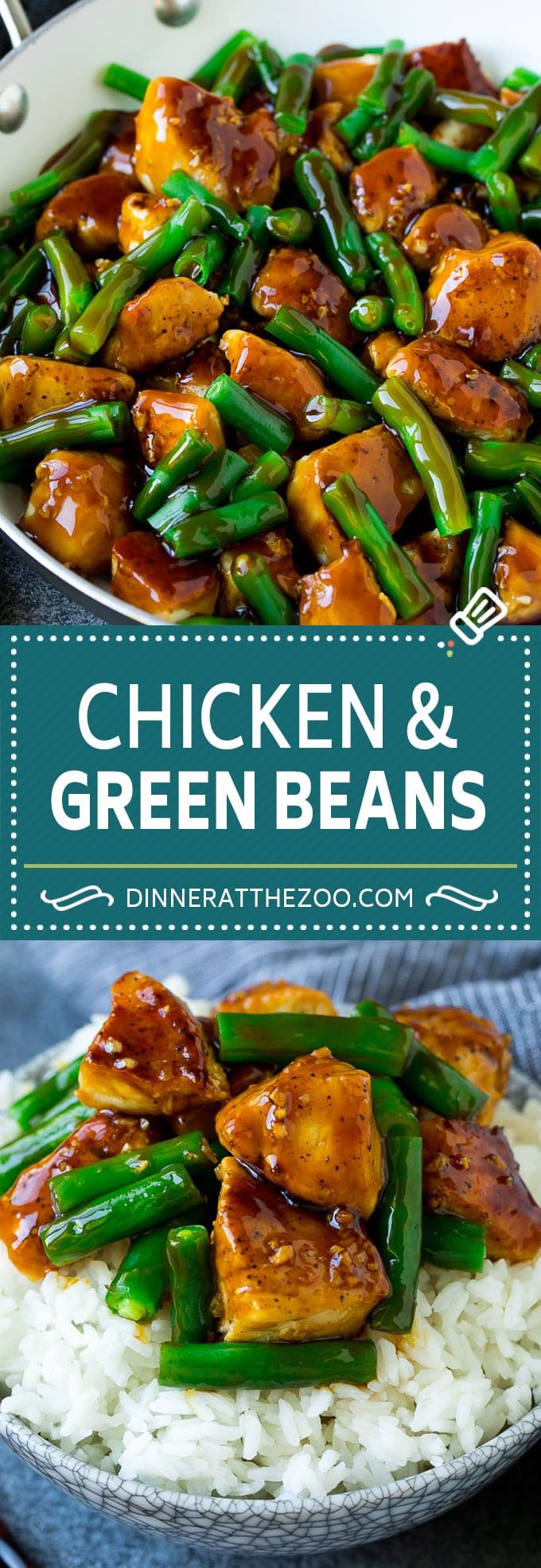 chicken and green beans on top of rice in a pan with the title above it