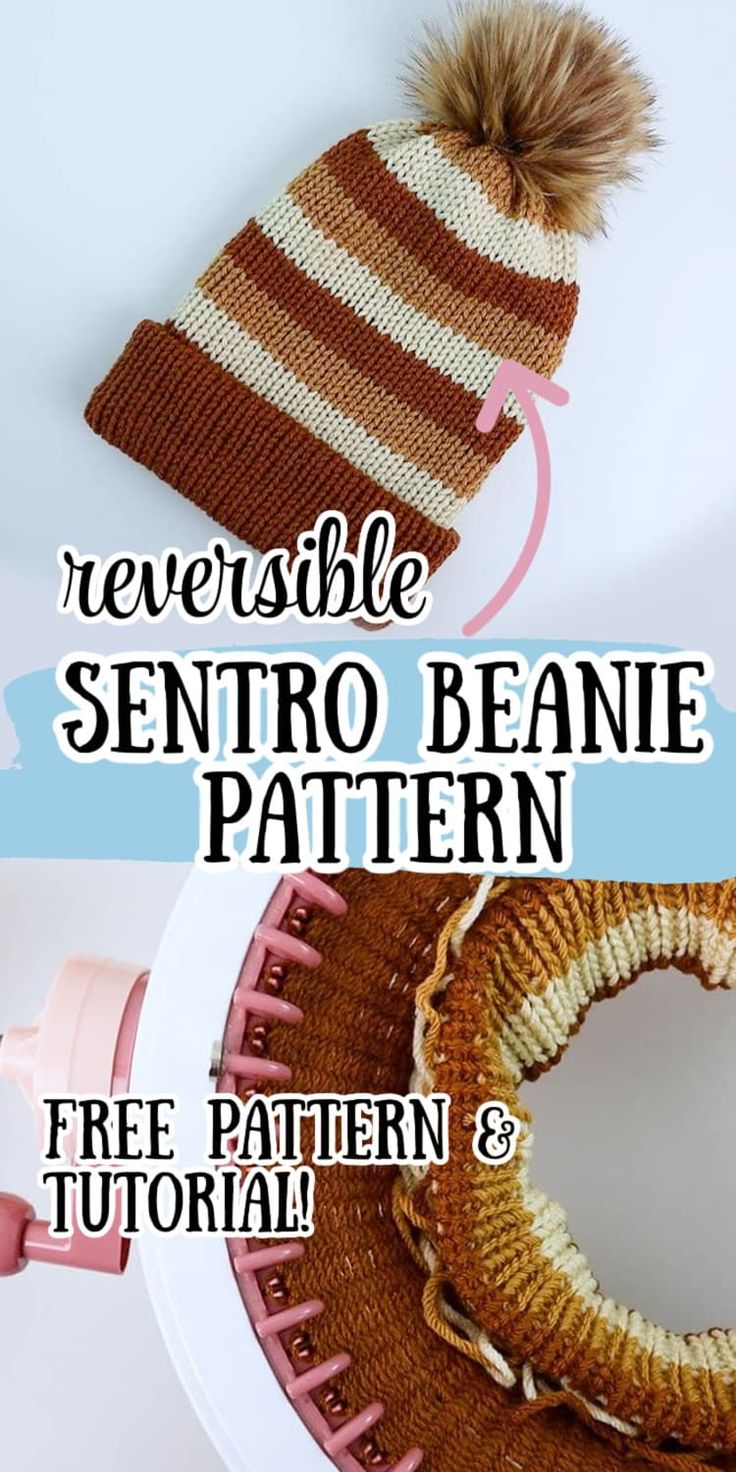 a knitted beanie hat with the words reversible, sentro beanie pattern on it