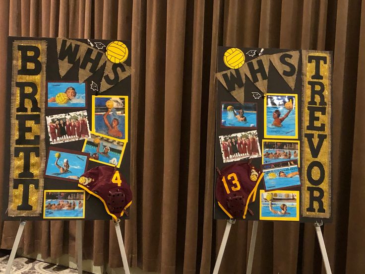 there are two signs with pictures on them and one has a basketball jersey hanging from it