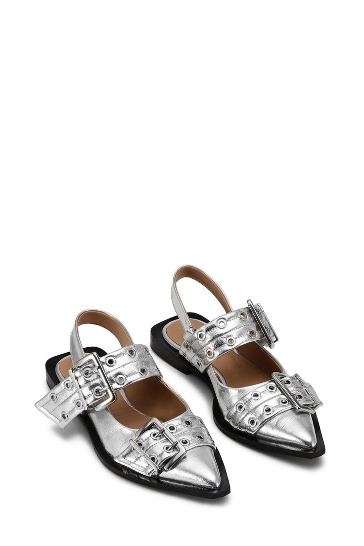 Silver Silver Metallic Feminine Buckle Ballerinas | GANNI US Silver Ankle Strap Slingback Pumps With Buckle, Modern Slingback Pumps With Buckle And Pointed Toe, Silver Slingback Pumps With Buckle Closure, Silver Slingback Heels With Buckle Closure, Ballerina Shoes Flats, Buckled Flats, Casual Dress Shoes, Slingback Flats, Silver Flats