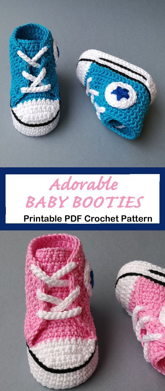 crocheted baby booties with eyeballs and laces are shown in three different colors