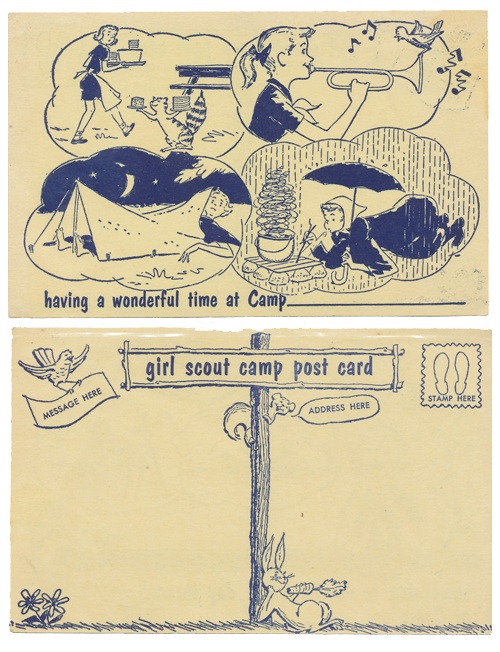 an old postcard with two pictures of people and animals on it, one has a sign that says having a wonderful time at camp