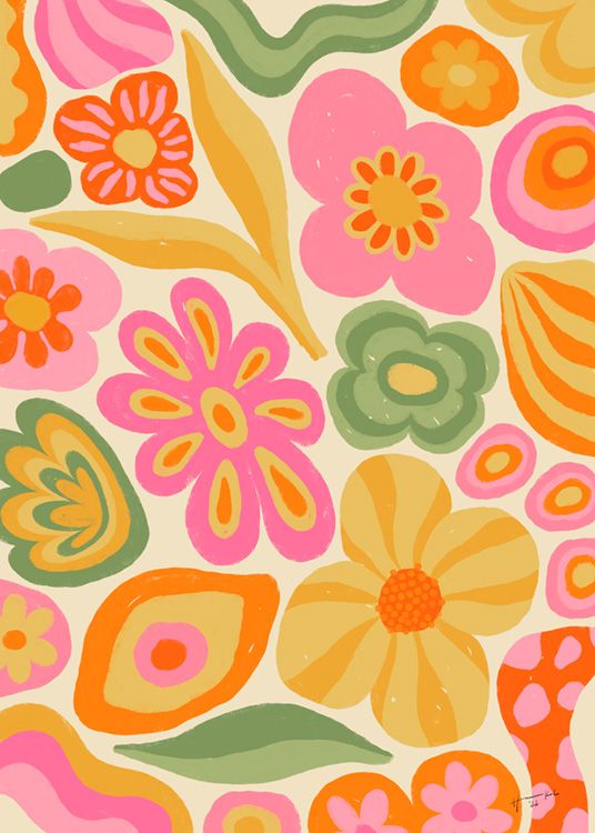 an image of colorful flowers and leaves on a white background with orange, pink, green, yellow and red colors