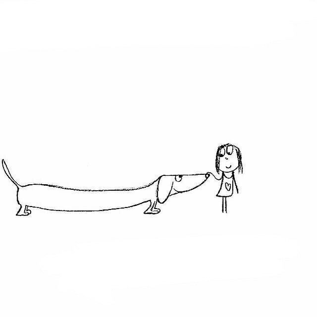 a drawing of a woman and a dog touching each other's noses with their tails