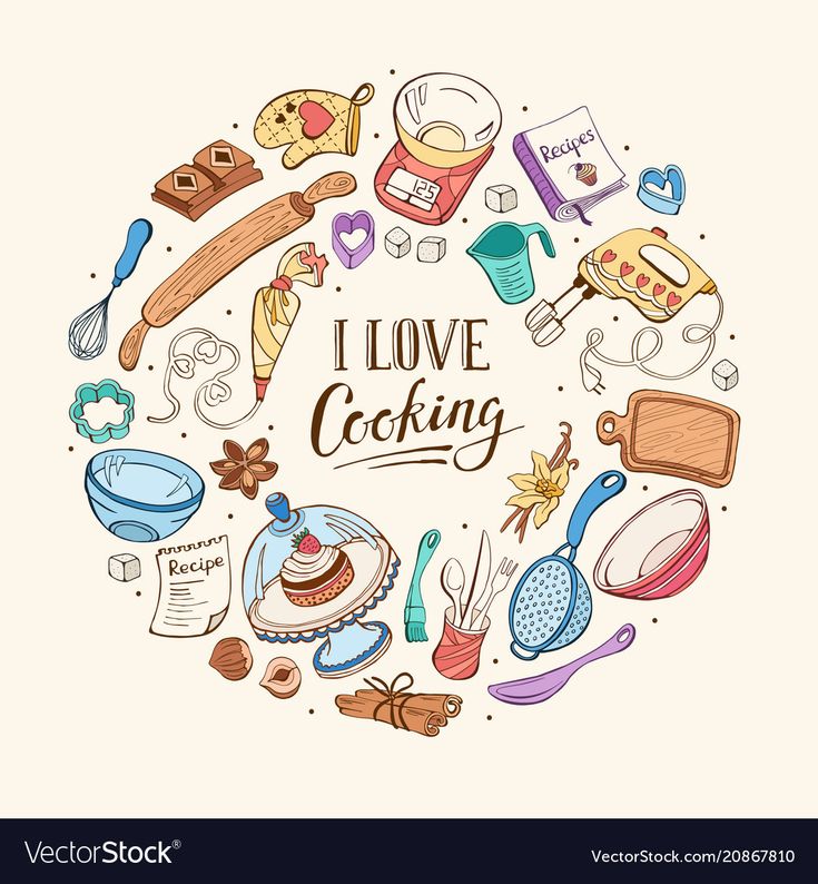 i love cooking hand drawn doodles in the form of a circle with food and kitchen utensils