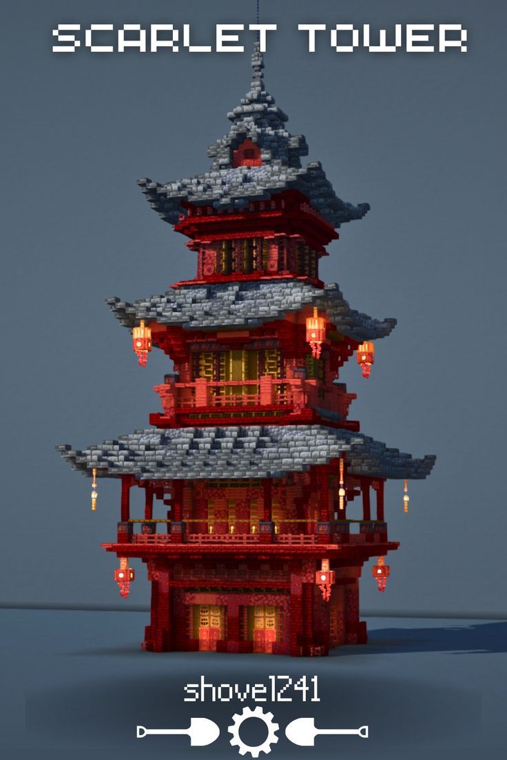 a red tower with lights on it in front of a dark background and text that reads,