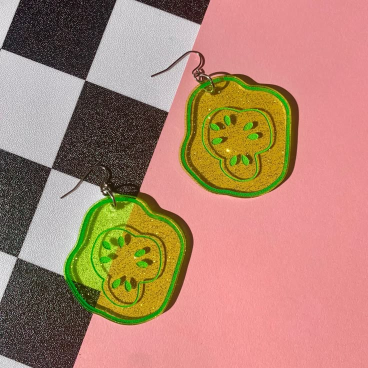 Only hot people eat pickles, it’s a scientific fact!! These super unique and fun statement earrings are the perfect glittery green to compliment any outfit. these very special earrings are handmade with laser cut acrylic, engraved, hand painted, and finished with nickel free stainless steel hardware. 2.5” charm. ✯✰✮PLEASE NOTE✯✰✮ all earrings will be sent with an open hook hardware unless otherwise specified in a note at checkout! if you want a different style of hardware, please leave a note at Pickle Outfit, Laser Cut Acrylic Ideas, Pickle Earrings, Laser Earrings, Silly Earrings, Crazy Earrings, Weird Earrings, Special Earrings, Novelty Jewelry