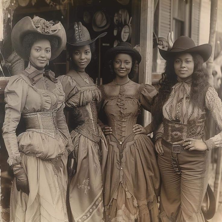 three women are standing in front of a store with hats on their heads and dresses down