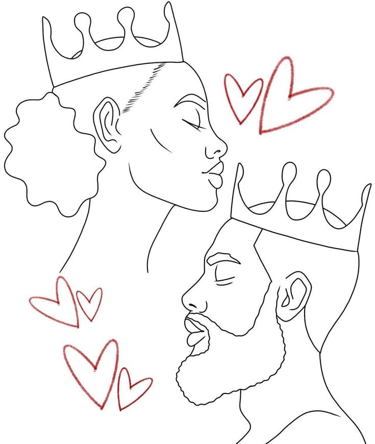 a drawing of two people with hearts coming out of their mouths and crowns on their heads